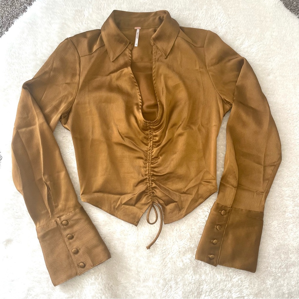 Free People Aurora Long Sleeve V-Neck Blouse in tiger eye - Picture 2 of 7